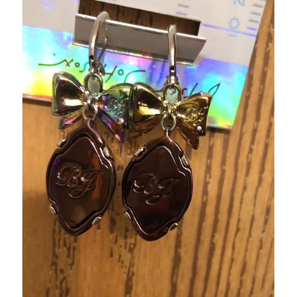 Betsey Johnson Touch Down Iridescent Bow & Brown Metallic Football Drop Earrings